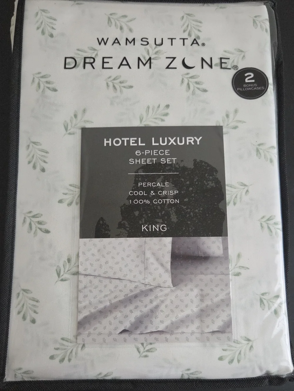 Wamsutta Dream Zone KING Cotton Percale 6 piece Sheet Set Green Leaf on white